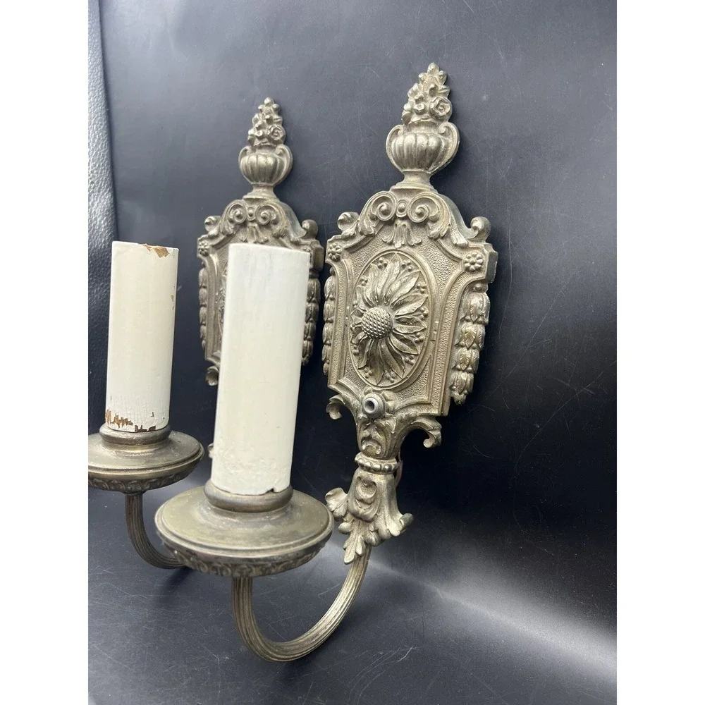 Pair Antique Cast Brass/Bronze (?) Floral Electric Wall Sconce Lights Reclaimed